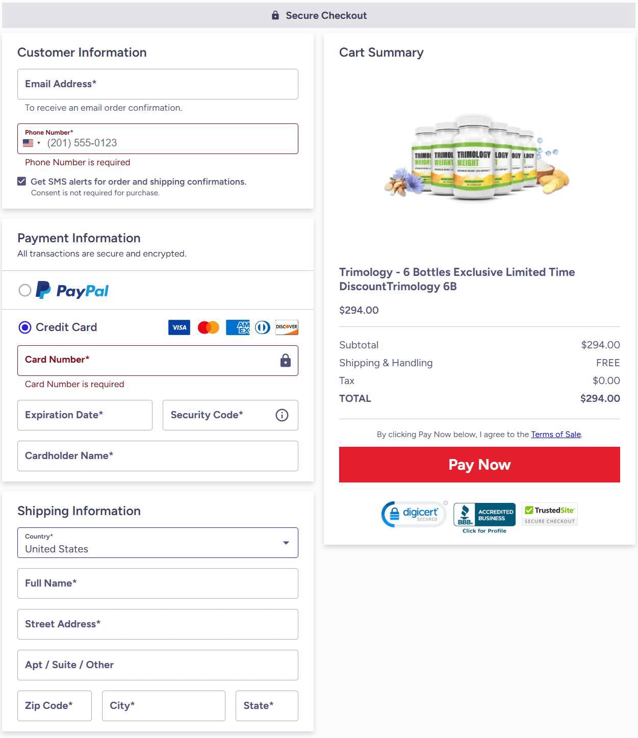 Trimology Weight checkout page